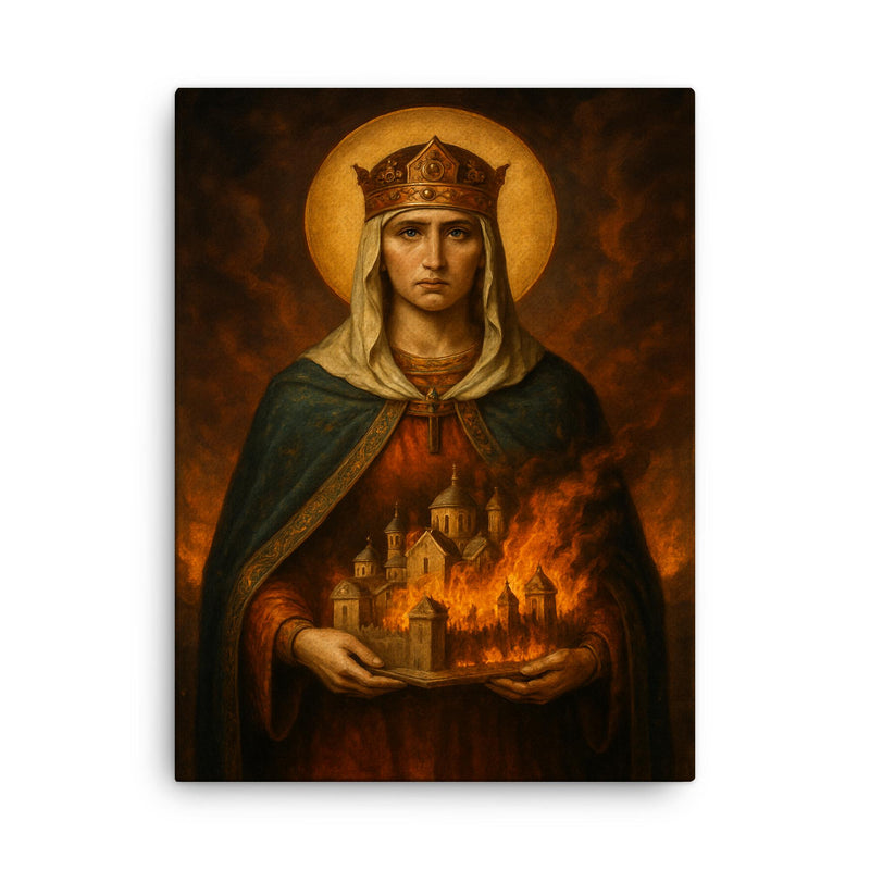 Saint Olga of Kyiv with burning city miniature canvas print on a plain backdrop in size 18