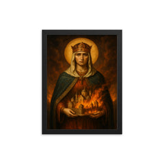 Saint Olga of Kyiv with burning city miniature framed print on a plain backdrop in size 12"x16".