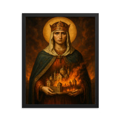 Saint Olga of Kyiv with burning city miniature framed print on a plain backdrop in size 16"x20".