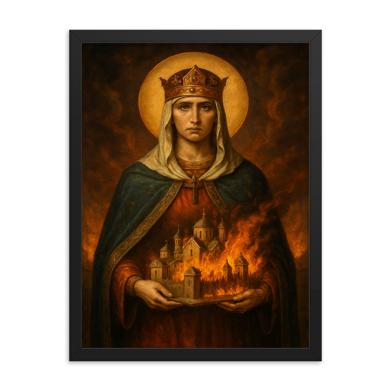 Saint Olga of Kyiv with burning city miniature framed print on a plain backdrop in size 18