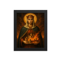 Saint Olga of Kyiv with burning city miniature framed print on a plain backdrop in size 8"x10".