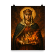 Saint Olga of Kyiv with burning city miniature poster on a plain backdrop in size 8"x10".