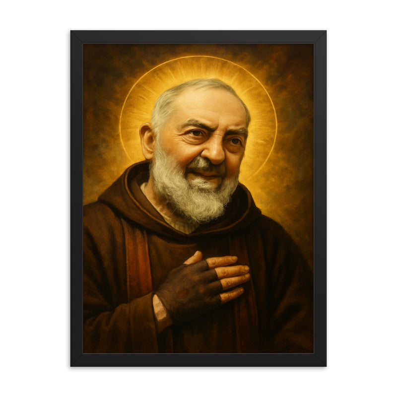 Saint Padre Pio framed print on a plain backdrop in size 18