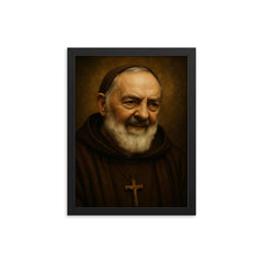 Saint Padre Pio portrait framed print on a plain backdrop in size 12"x16".