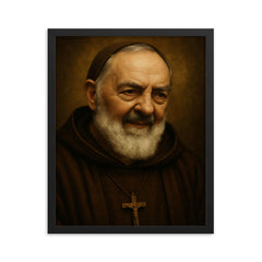 Saint Padre Pio portrait framed print on a plain backdrop in size 16"x20".