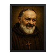 Saint Padre Pio portrait framed print on a plain backdrop in size 18"x24".