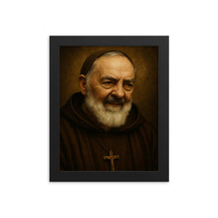 Saint Padre Pio portrait framed print on a plain backdrop in size 8"x10".