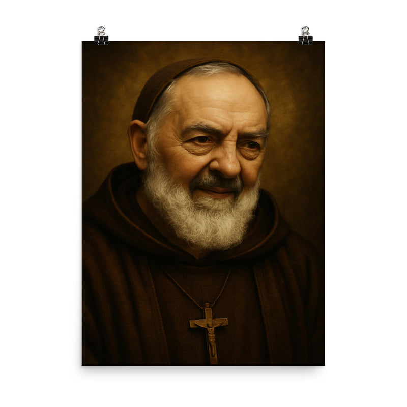 Saint Padre Pio portrait poster on a plain backdrop in size 8