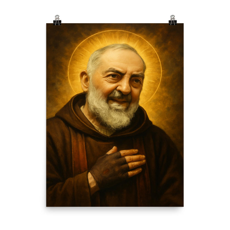 Saint Padre Pio poster on a plain backdrop in size 8
