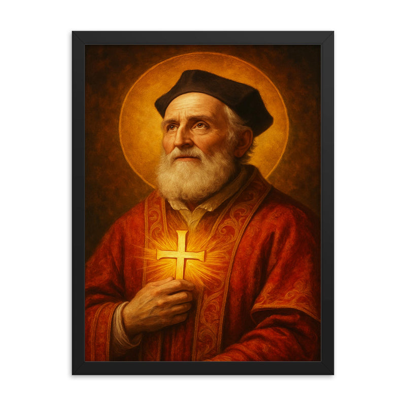 Saint Philip Neri framed print on a plain backdrop in size 18