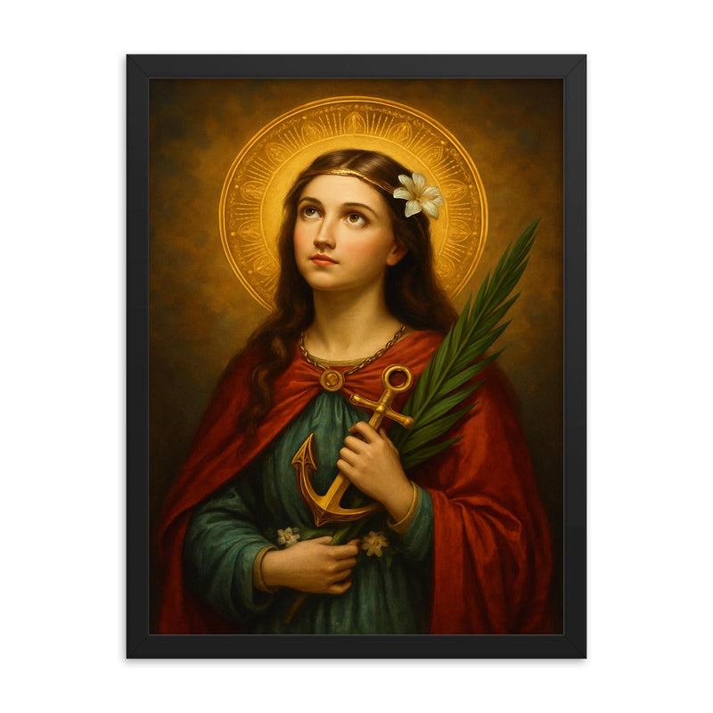Saint Philomena framed print on a plain backdrop in size 18