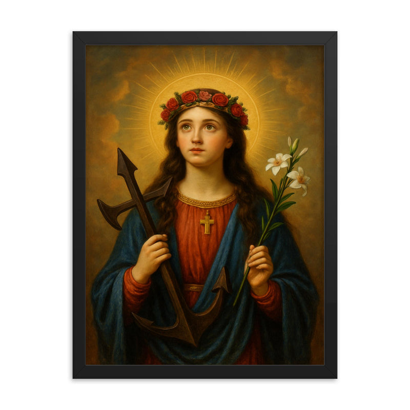 Saint Philomena of Rome framed print on a plain backdrop in size 18