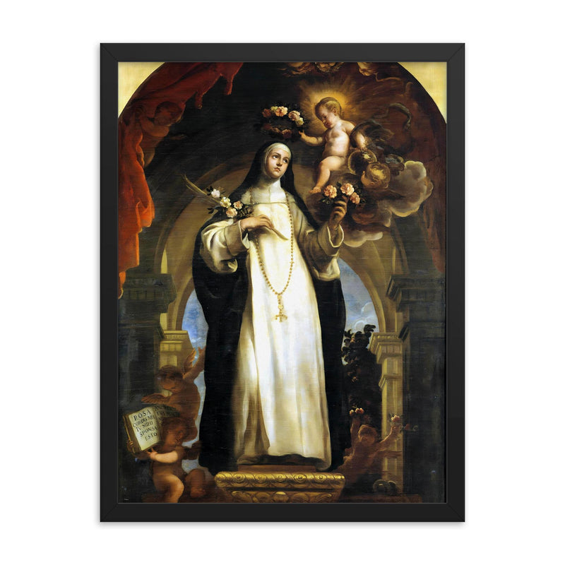 Saint Rose of Lima framed print on a plain backdrop in size 18