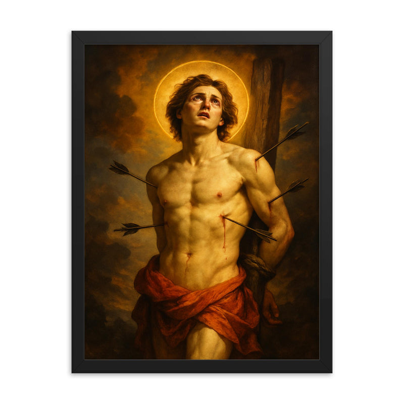 Saint Sebastian framed print on a plain backdrop in size 18