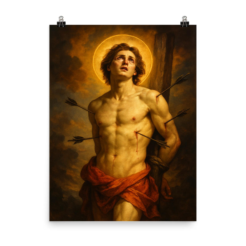 Saint Sebastian poster on a plain backdrop in size 8