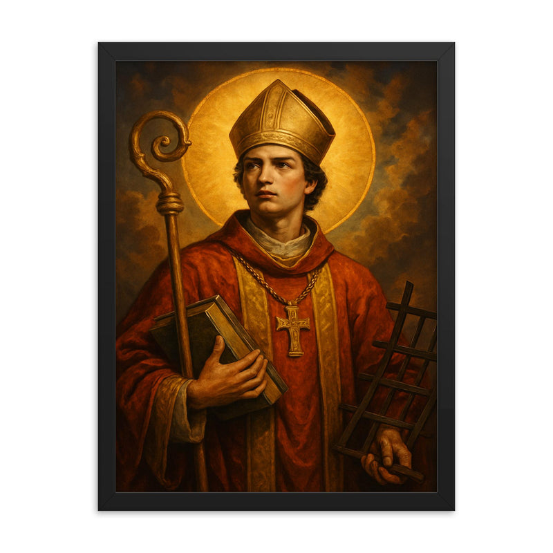 Saint Vincent of Saragossa framed print on a plain backdrop in size 18