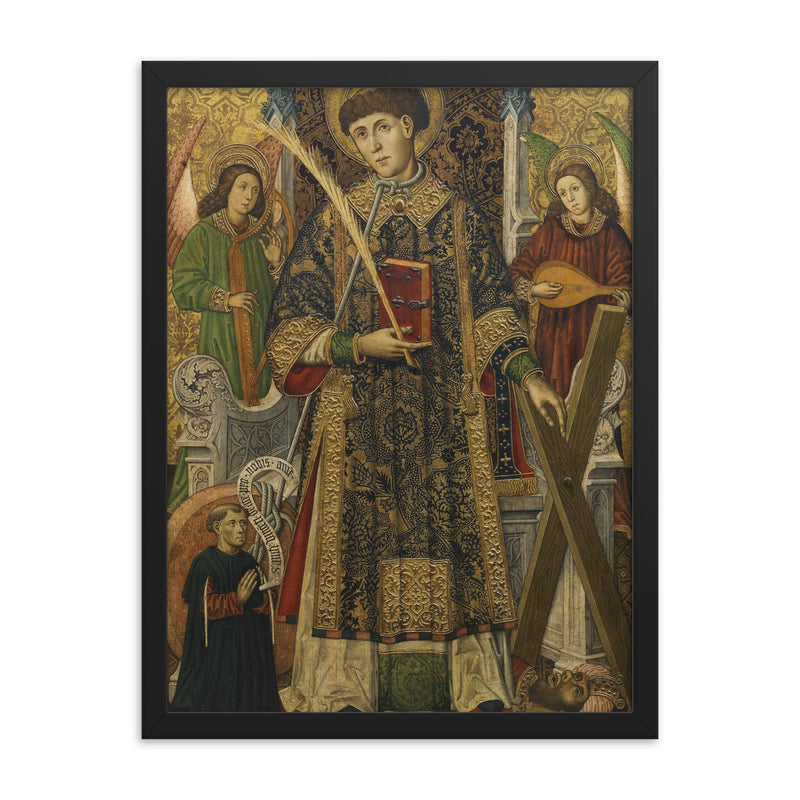Saint Vincent of Saragossa framed print on a plain backdrop in size 18