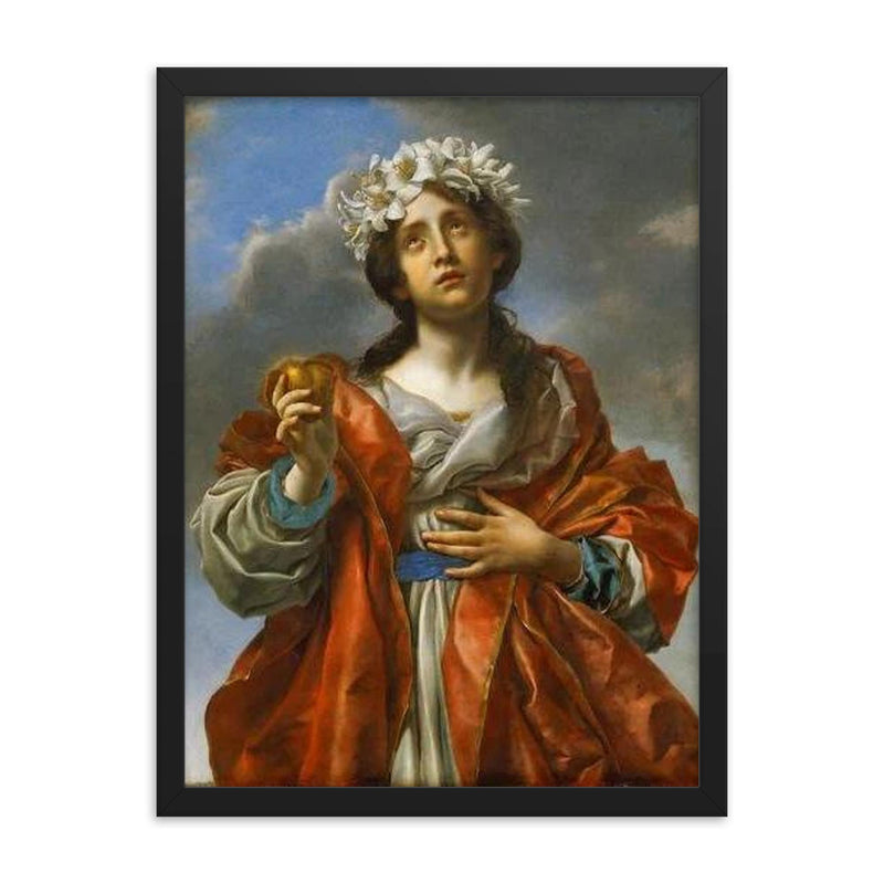 Saint with Golden Heart by Carlo Dolci framed print on a plain backdrop in size 18