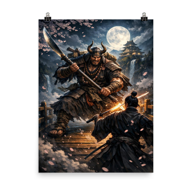 Saito Musashibo Benkei at bridge challenge poster on a plain backdrop in size 8