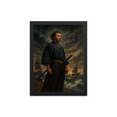 Sakamoto Ryoma at the edge of a stormy harbor framed print mockup 12x16