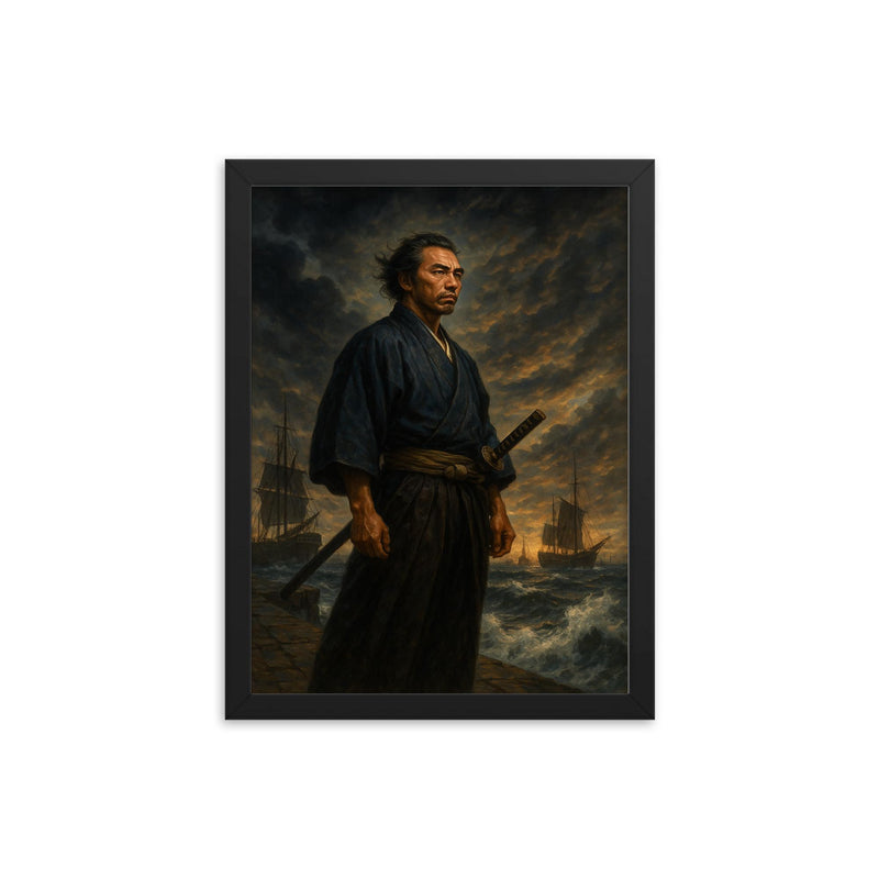 Sakamoto Ryoma at the edge of a stormy harbor framed print mockup 12x16