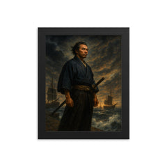 Sakamoto Ryoma at the edge of a stormy harbor framed print mockup 8x10