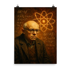 Sakharov in exile with atomic equations poster on a plain backdrop in size 8"x10".
