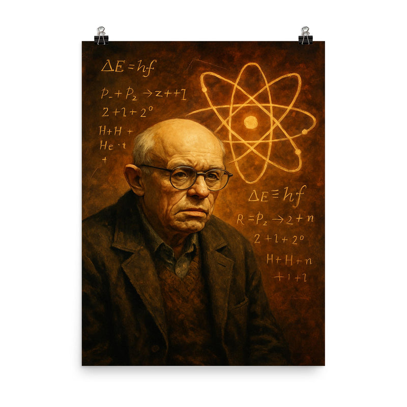 Sakharov in exile with atomic equations poster on a plain backdrop in size 8