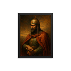 Saladin after Hattin contemplative portrait framed print on a plain backdrop in size 12"x16".