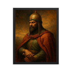 Saladin after Hattin contemplative portrait framed print on a plain backdrop in size 16"x20".