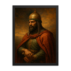 Saladin after Hattin contemplative portrait framed print on a plain backdrop in size 18"x24".