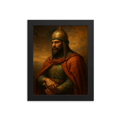 Saladin after Hattin contemplative portrait framed print on a plain backdrop in size 8"x10".