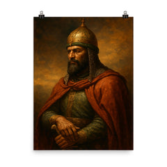 Saladin after Hattin contemplative portrait poster on a plain backdrop in size 8"x10".
