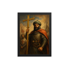 Saladin after Hattin with captured cross framed print on a plain backdrop in size 12"x16".