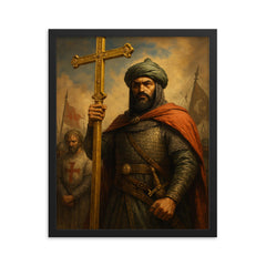 Saladin after Hattin with captured cross framed print on a plain backdrop in size 16"x20".