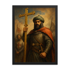 Saladin after Hattin with captured cross framed print on a plain backdrop in size 18"x24".