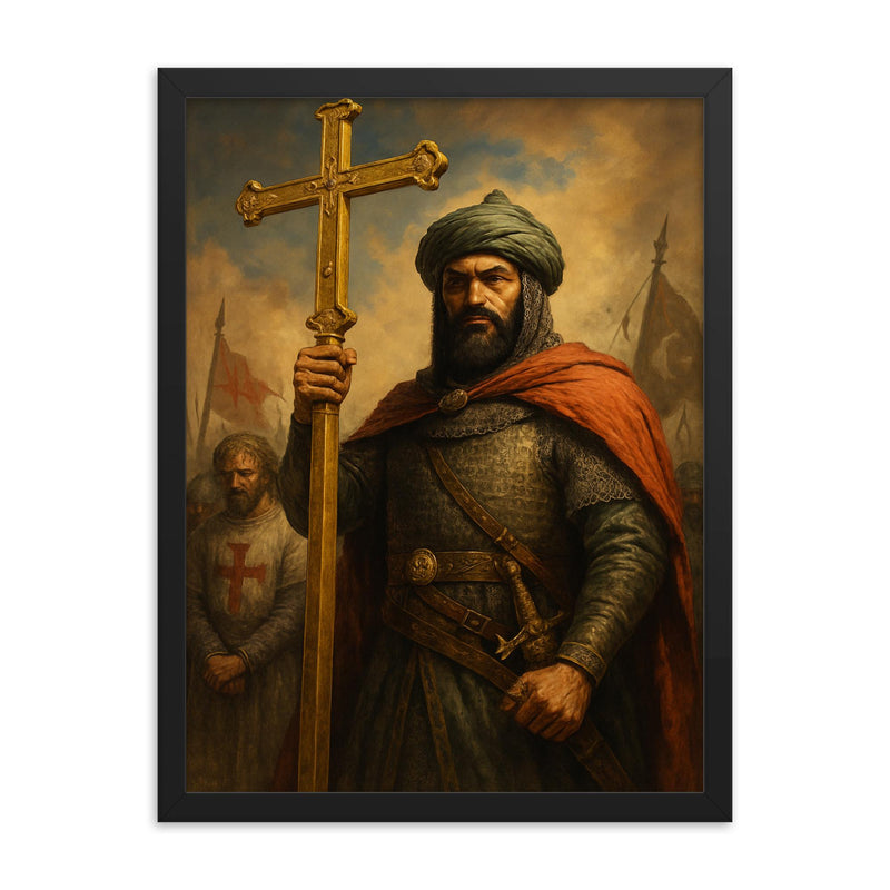 Saladin after Hattin with captured cross framed print on a plain backdrop in size 18