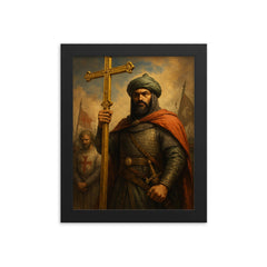 Saladin after Hattin with captured cross framed print on a plain backdrop in size 8"x10".