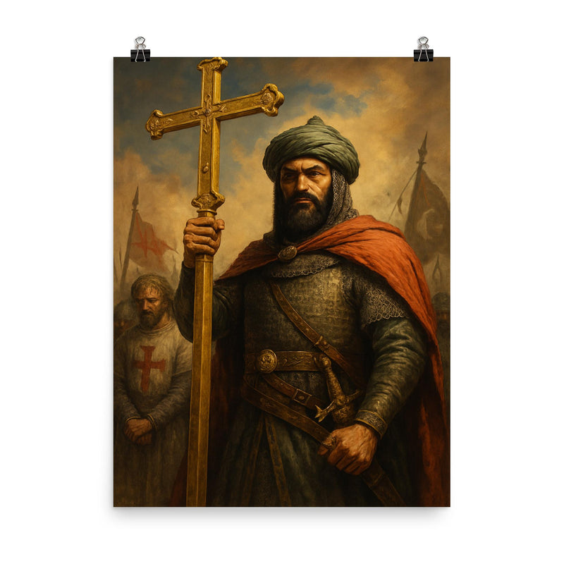 Saladin after Hattin with captured cross poster on a plain backdrop in size 8
