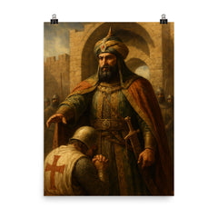 Saladin at Jerusalem gates solemn mercy poster on a plain backdrop in size 8"x10".