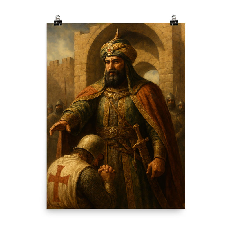 Saladin at Jerusalem gates solemn mercy poster on a plain backdrop in size 8