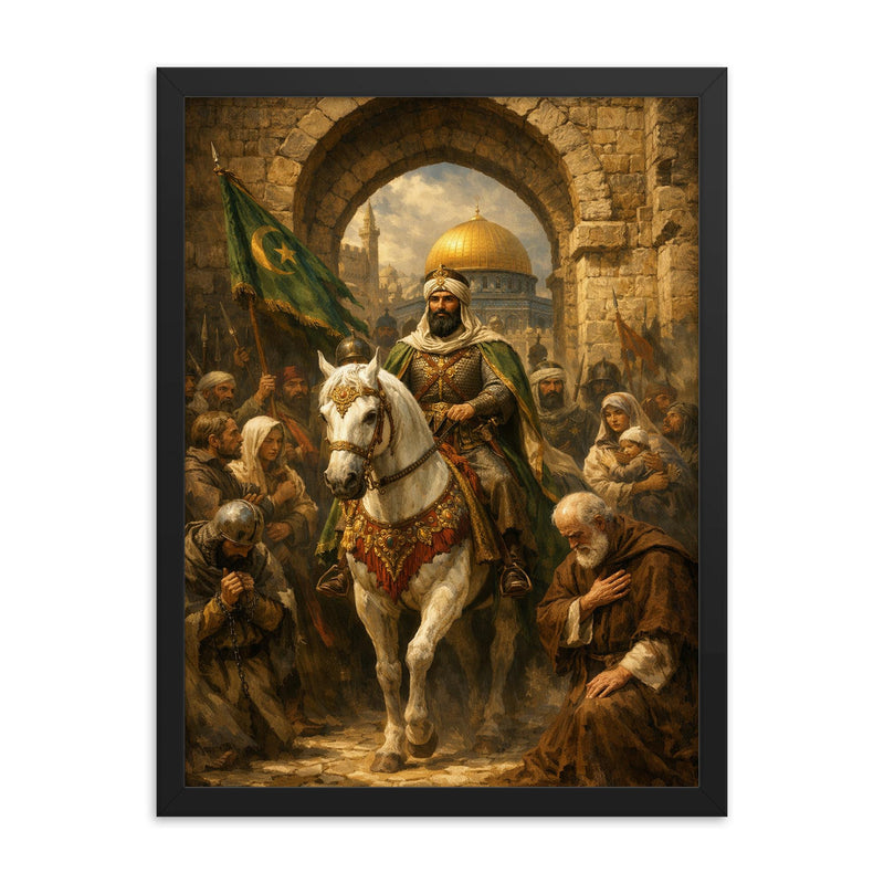 Saladin entering Jerusalem with restraint framed print on a plain backdrop in size 18