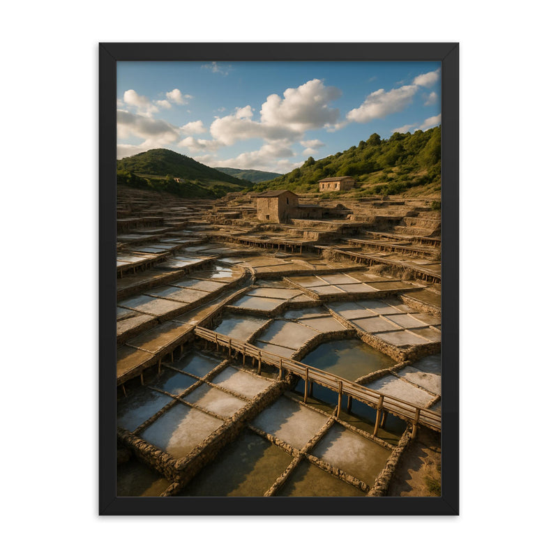 Salinas de Anana Salt Pans Basque Country Spain framed print on a plain backdrop in size 18