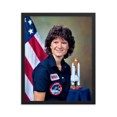 Sally Ride framed print on a plain backdrop in size 16"x20".