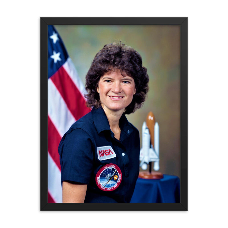 Sally Ride framed print on a plain backdrop in size 18