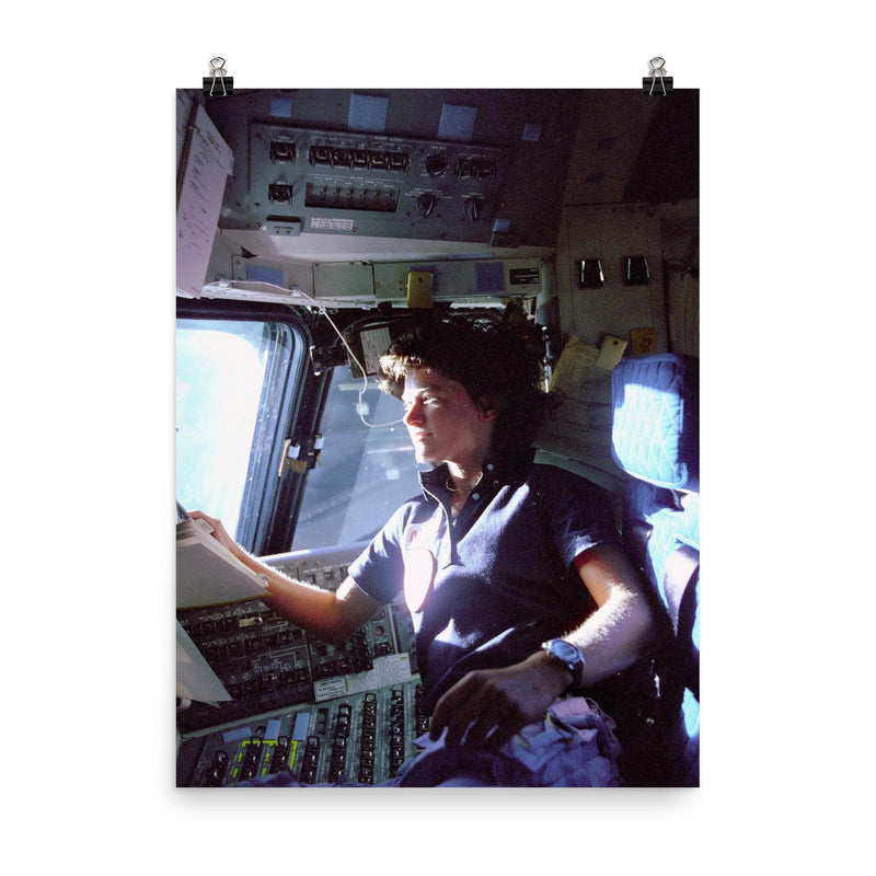 Sally Ride on the Flight Deck, 1983 poster on a plain backdrop in size 8