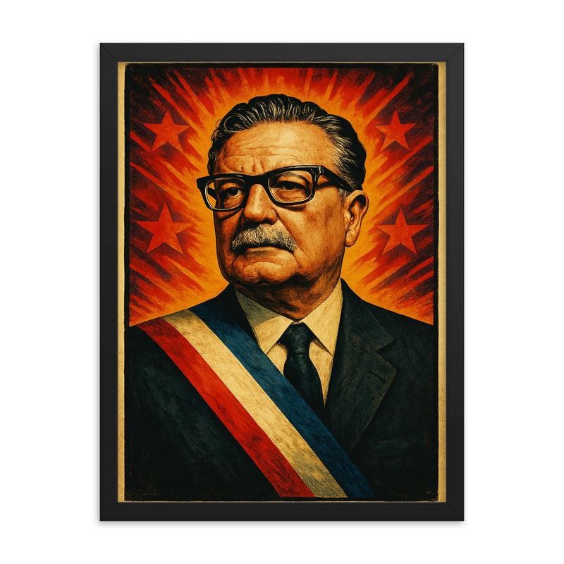 Salvador Allende framed print on a plain backdrop in size 18