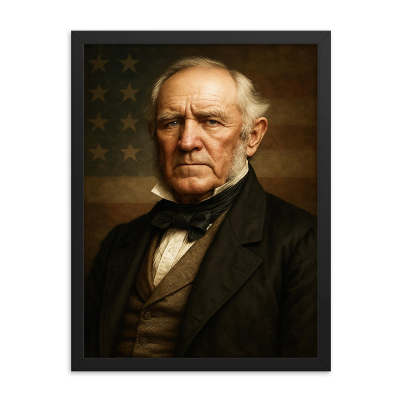 Sam Houston portrait framed print on a plain backdrop in size 18