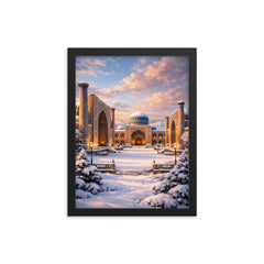 Samarkand Registan after fresh snowfall framed print on a plain backdrop in size 12"x16".