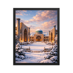 Samarkand Registan after fresh snowfall framed print on a plain backdrop in size 16"x20".